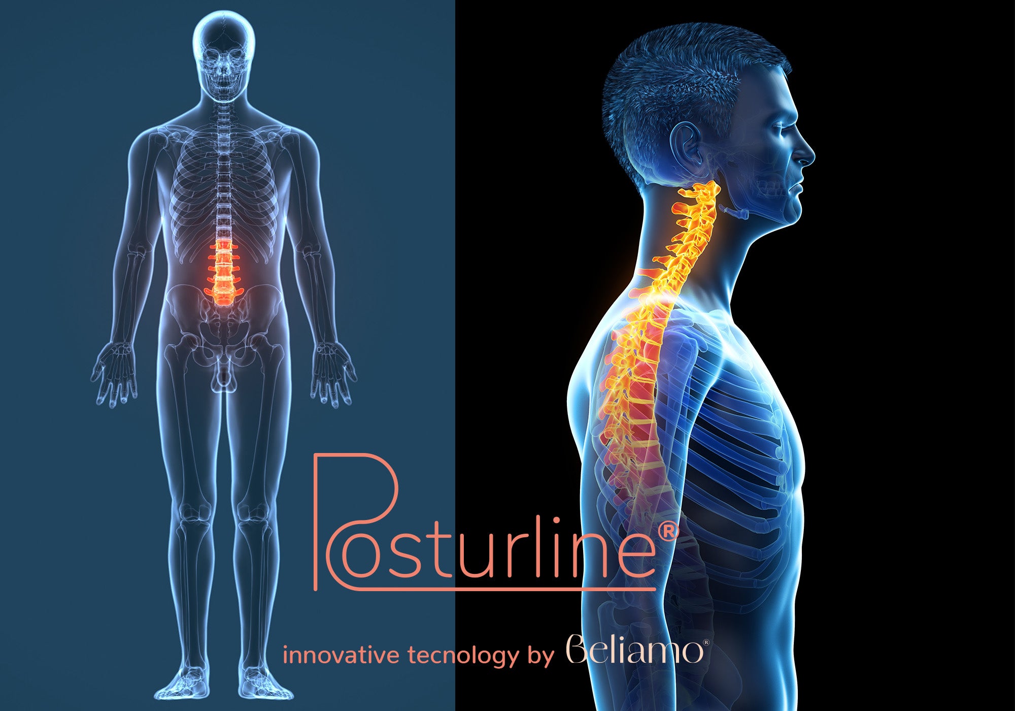 Allineamento spinale con tecnologia PosturLine di Beliamo che mostra come il materasso supporta ergonomicamente la colonna vertebrale per un comfort ottimale