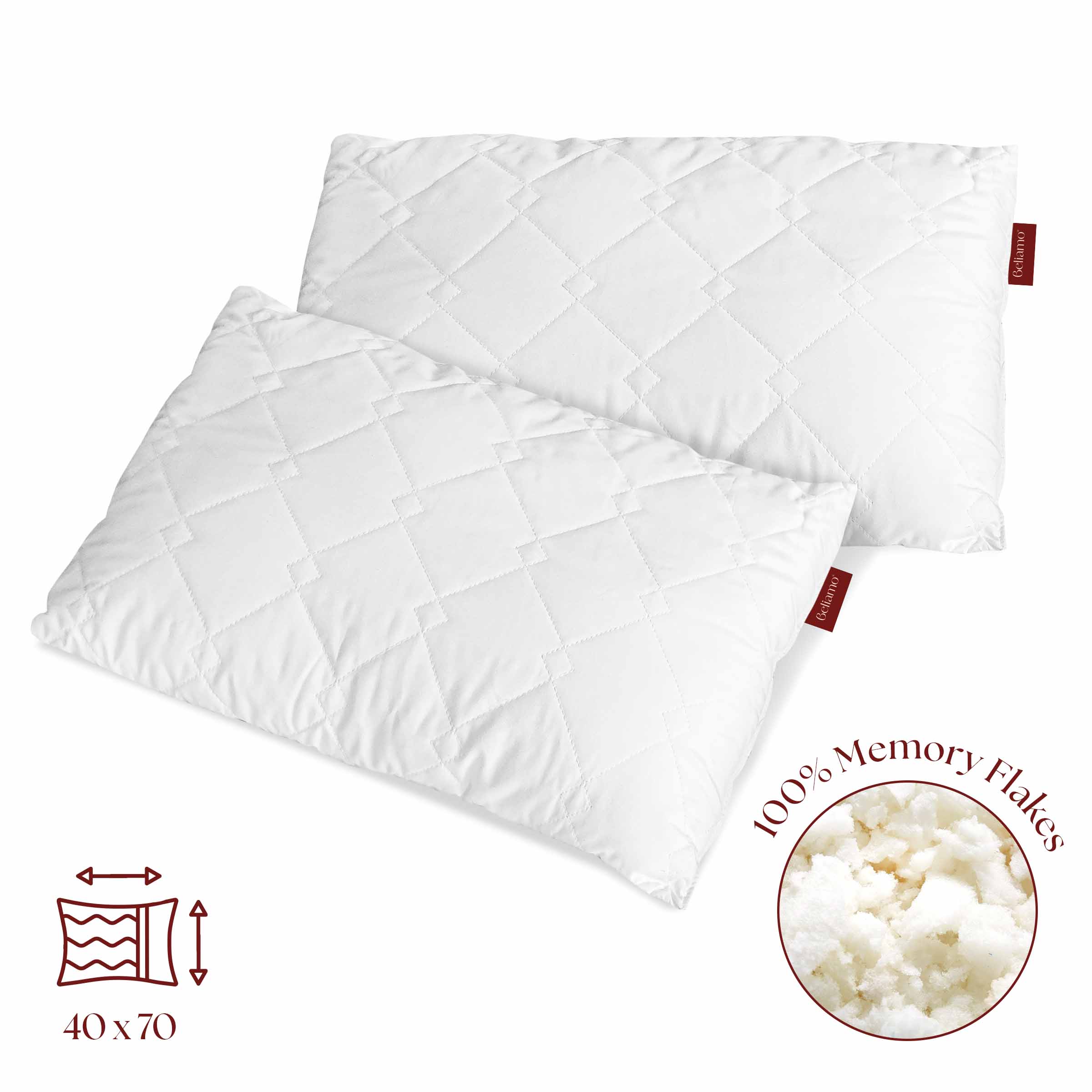 Due cuscini Siena in fiocco di memory foam di Beliamo, pensati per offrire un comfort superiore e un supporto ottimale