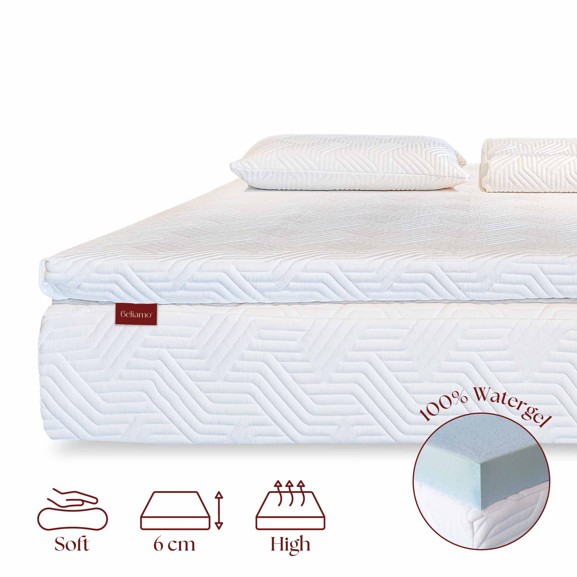 Topper Bellini in Watergel di Beliamo, progettato per aggiungere comfort e supporto al materasso, migliorando la qualità del sonno con materiali traspiranti e ergonomici.