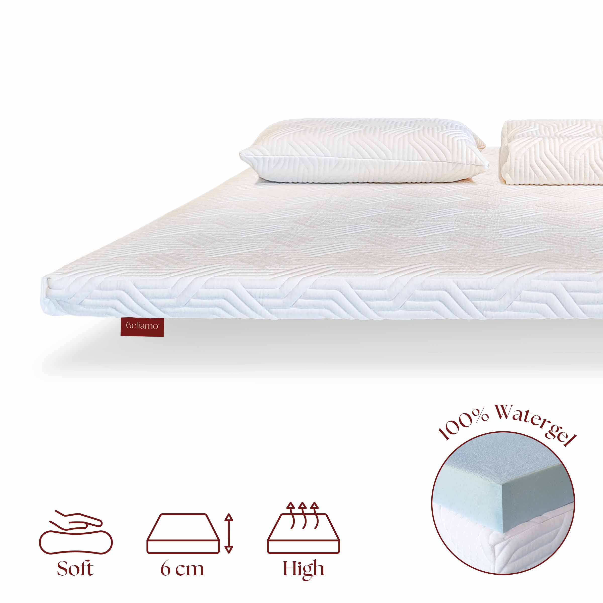 Topper Bellini in Watergel di Beliamo, progettato per aggiungere comfort e supporto al materasso, migliorando la qualità del sonno con materiali traspiranti e ergonomici.